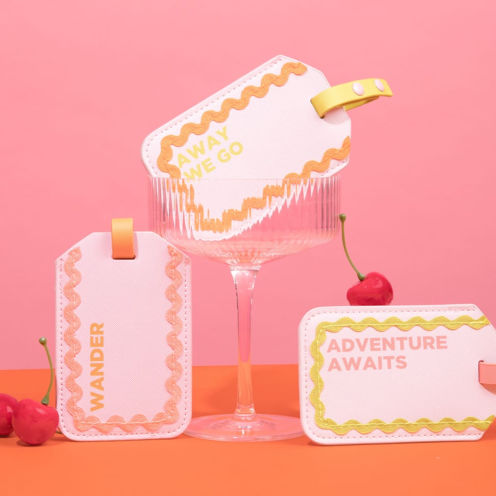 Miamica Ric Rac Luggage Tags come in blush pink with iconic ricrac trim in a sunset of sorbet colors.